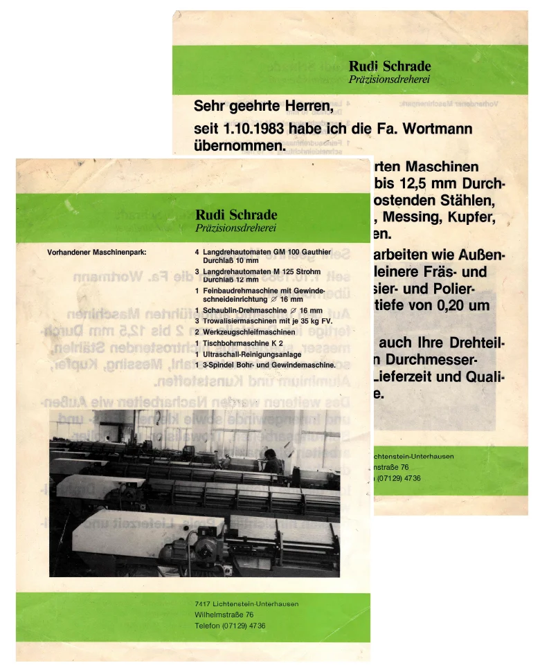 Historische Firmenbroschüre von Rudi Schrade aus der Gründungszeit 1983